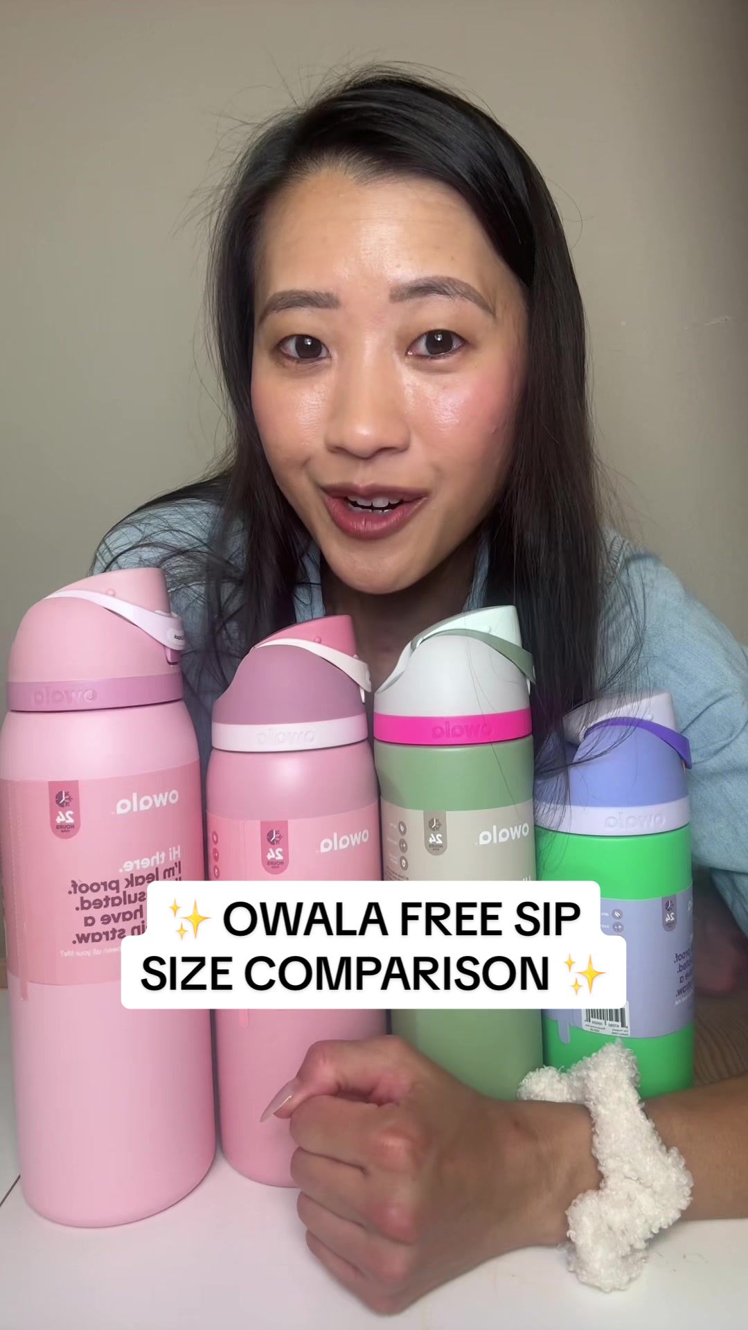TikTok post by @dailywithcaroline for Owala. Caption reads: Owala FreeSip size comparison between [...].