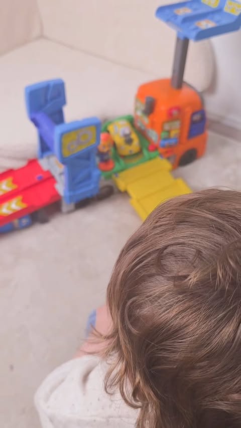 Instagram post by @adalyn.and.brooklyn for VTech USA. Caption reads: The Toot-Toot Drivers 3-in-1 Big Race Truck is a....