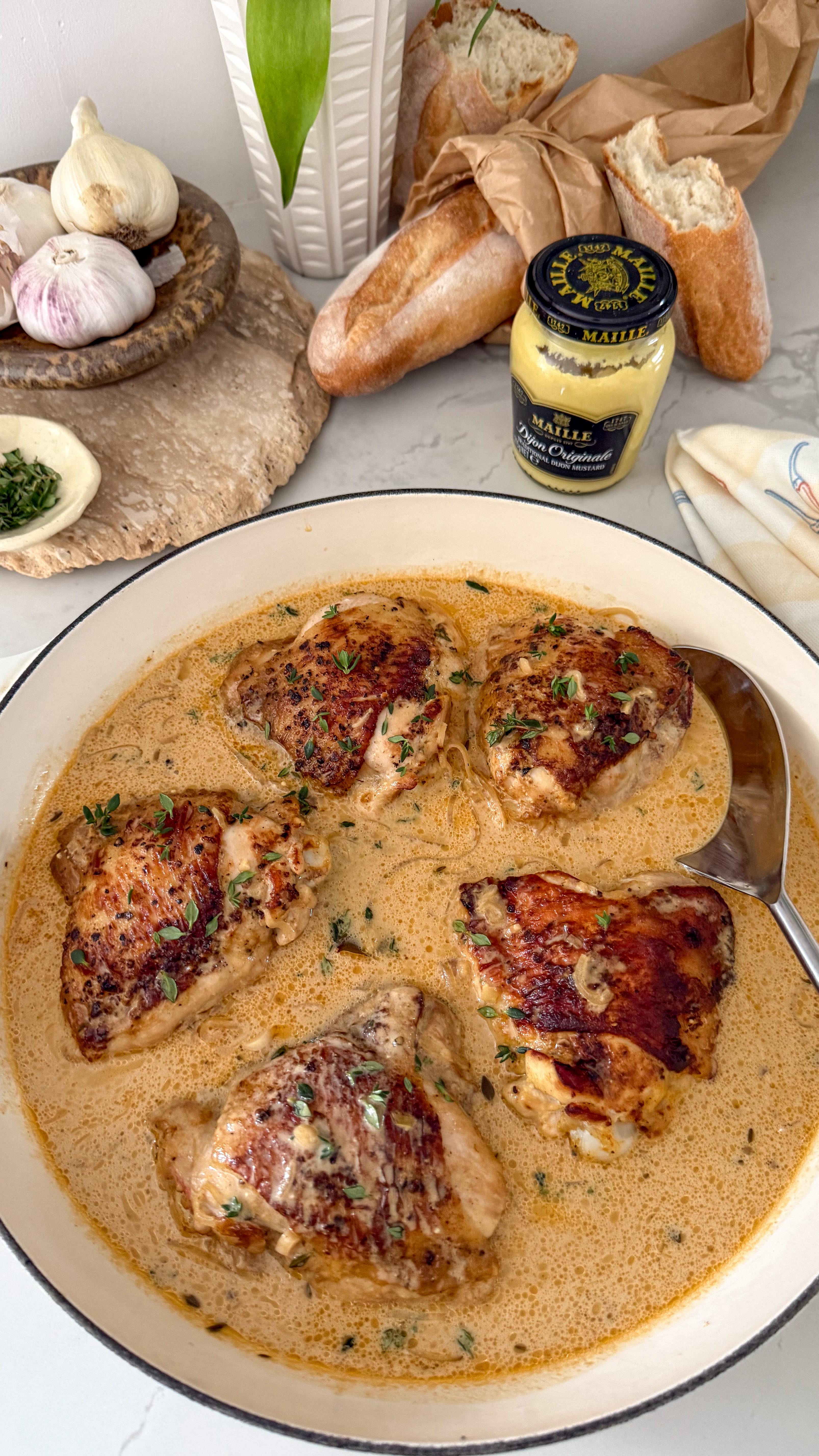 Instagram post by @miss_pollys_kitchen for La Maison Maille. Caption reads: Poulet à la moutarde - Chicken with mustard. AD.....