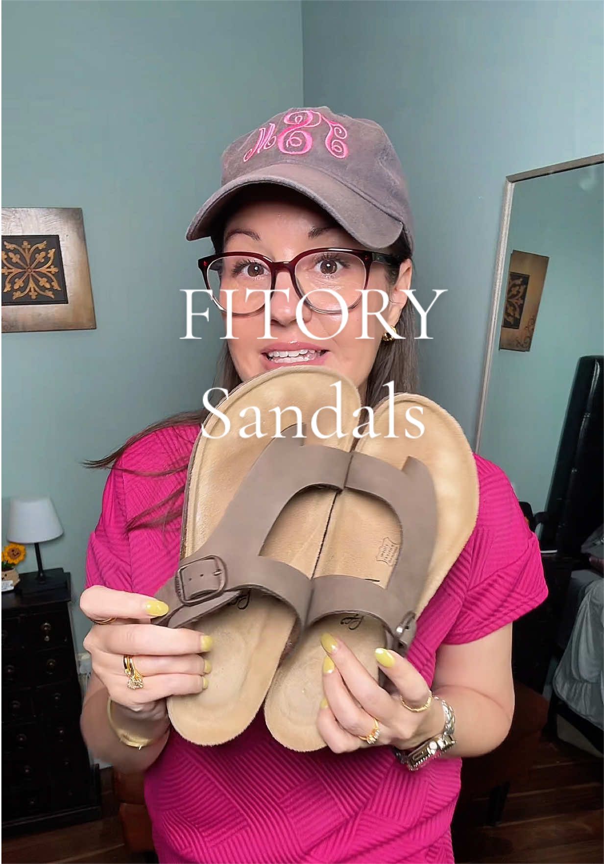 TikTok post by @tishstewart for Fitory. Caption reads: #corksandals #fitory #suedesandals #leathersandals....