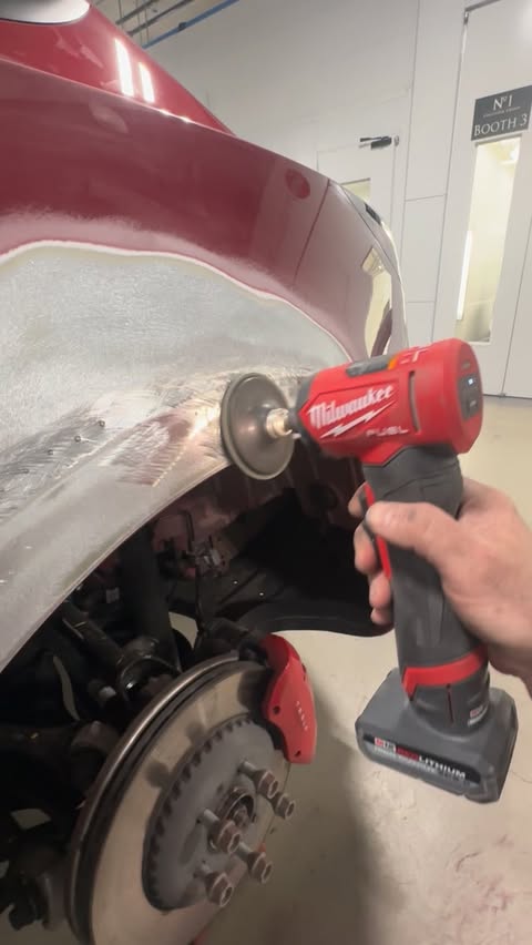 Instagram post by @luxury.car.repair for Milwaukee Tool. Caption reads: The perfect combo for doing your body work....