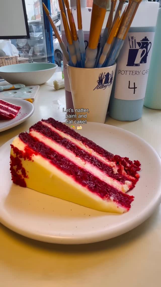 Instagram post by @hazeleatsout for Pottery Café. Caption reads: 🎨 🍰 Relaxing pottery painting and cake 🍰 🎨 📍....