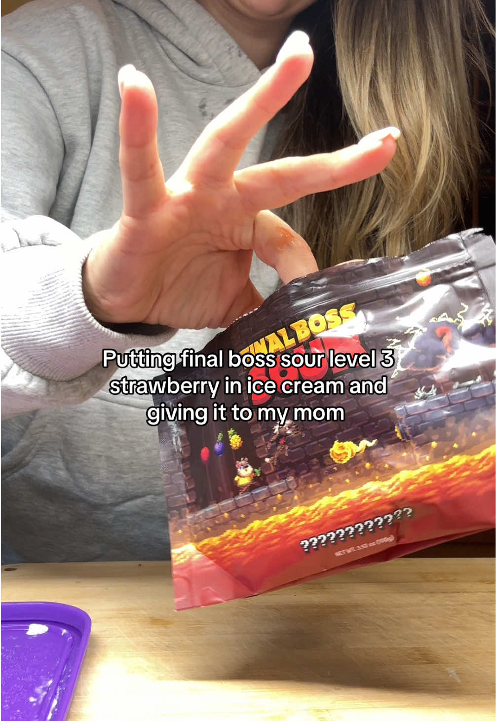 TikTok post by @maddeastman for Final Boss Sour. Caption reads: I'd prank my mom every day if I could 🤣 side note....