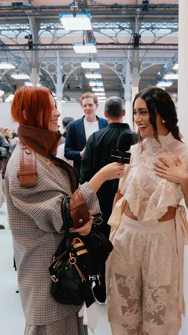 Instagram post by @mariegaguech for NET-A-PORTER. Caption reads: Because the best way to end PFW is by talking....