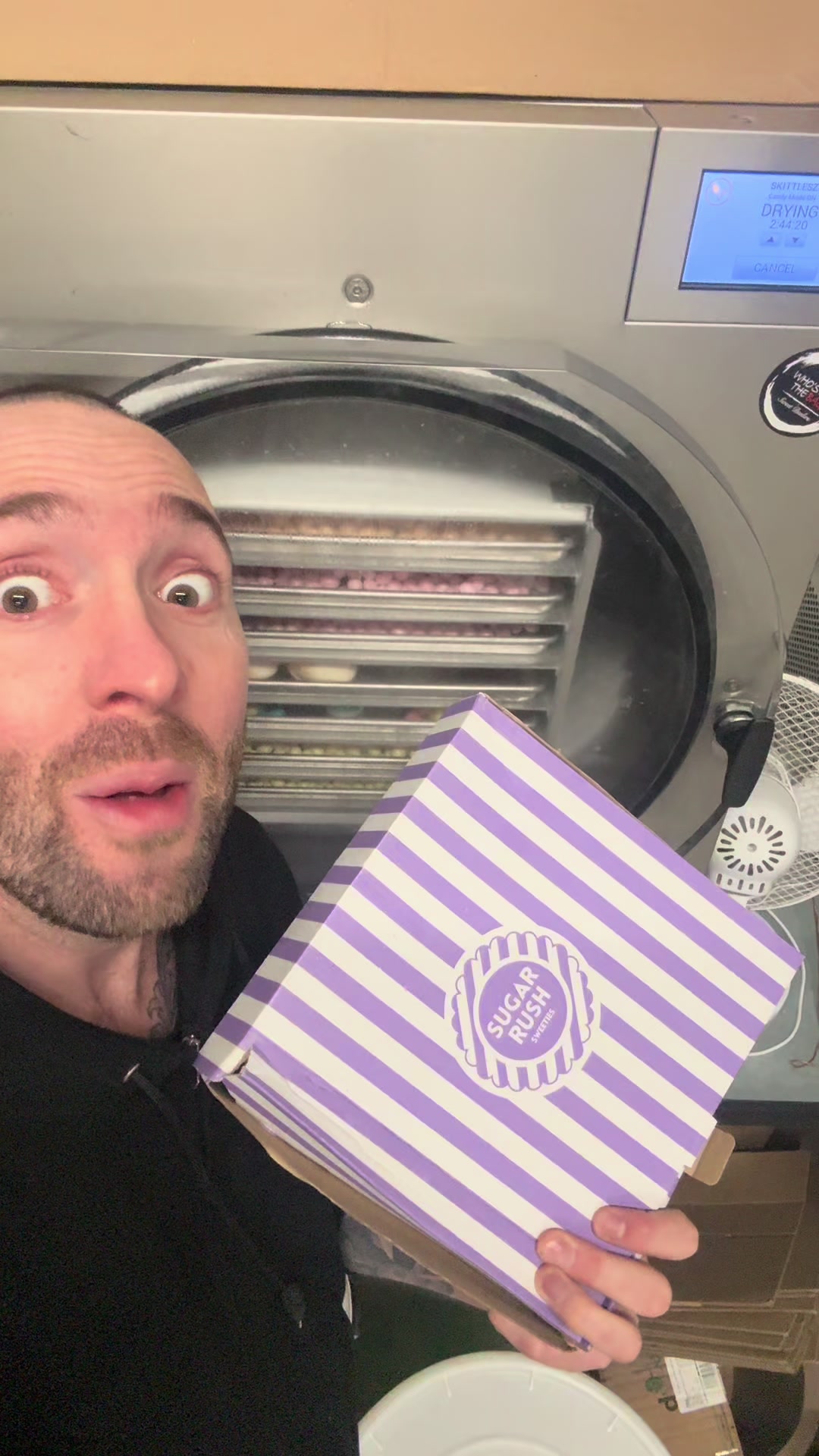 TikTok post by @whosgotthebag.uk for Sugar Rush Sweeties. Caption reads: [...] boxes, jelly fizzy mixes sweets....