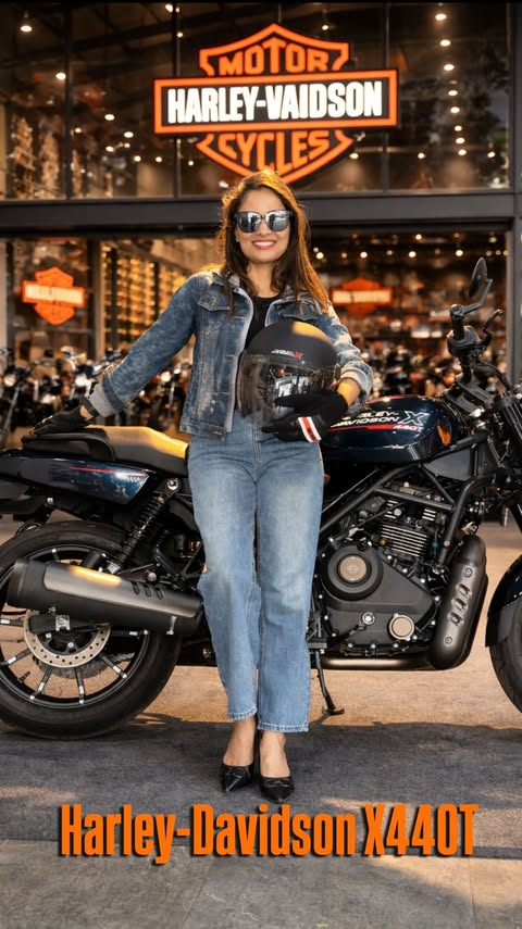 Instagram post by @imsakshisharma88 for Harley-Davidson. Caption reads: [...] with authority. 🏍️✨ 📍 Location:....