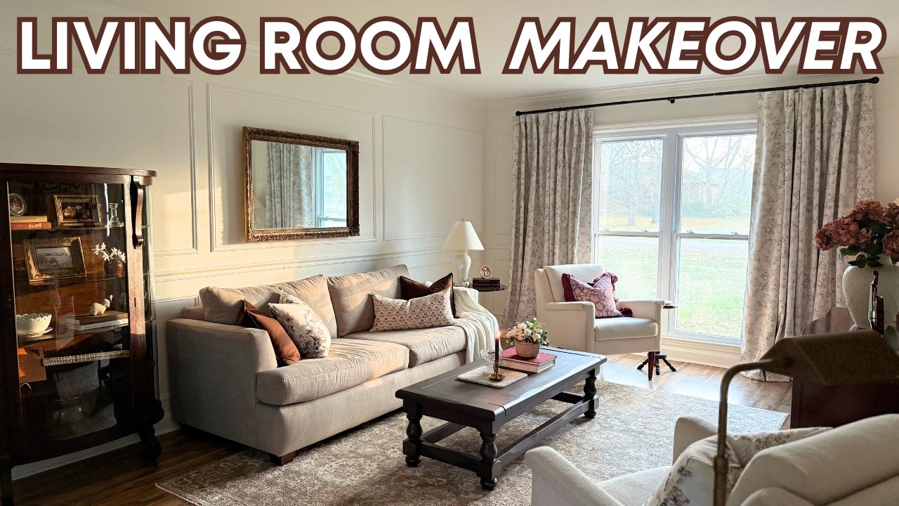 YouTube post by @AnastasiaDesigns for Twopagescurtains. Caption reads: DIY Living Room Transformation | Cozy Vintage with....