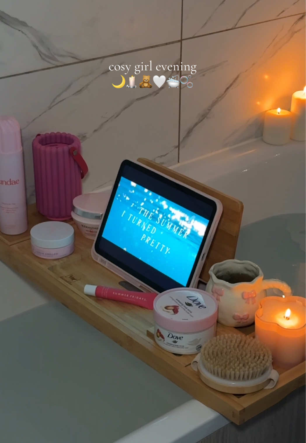 TikTok post by @by.emmaleah for Patchology. Caption reads: cosy girl evening 🌙🕯️🧸🤍🛁🫧 no better way to....