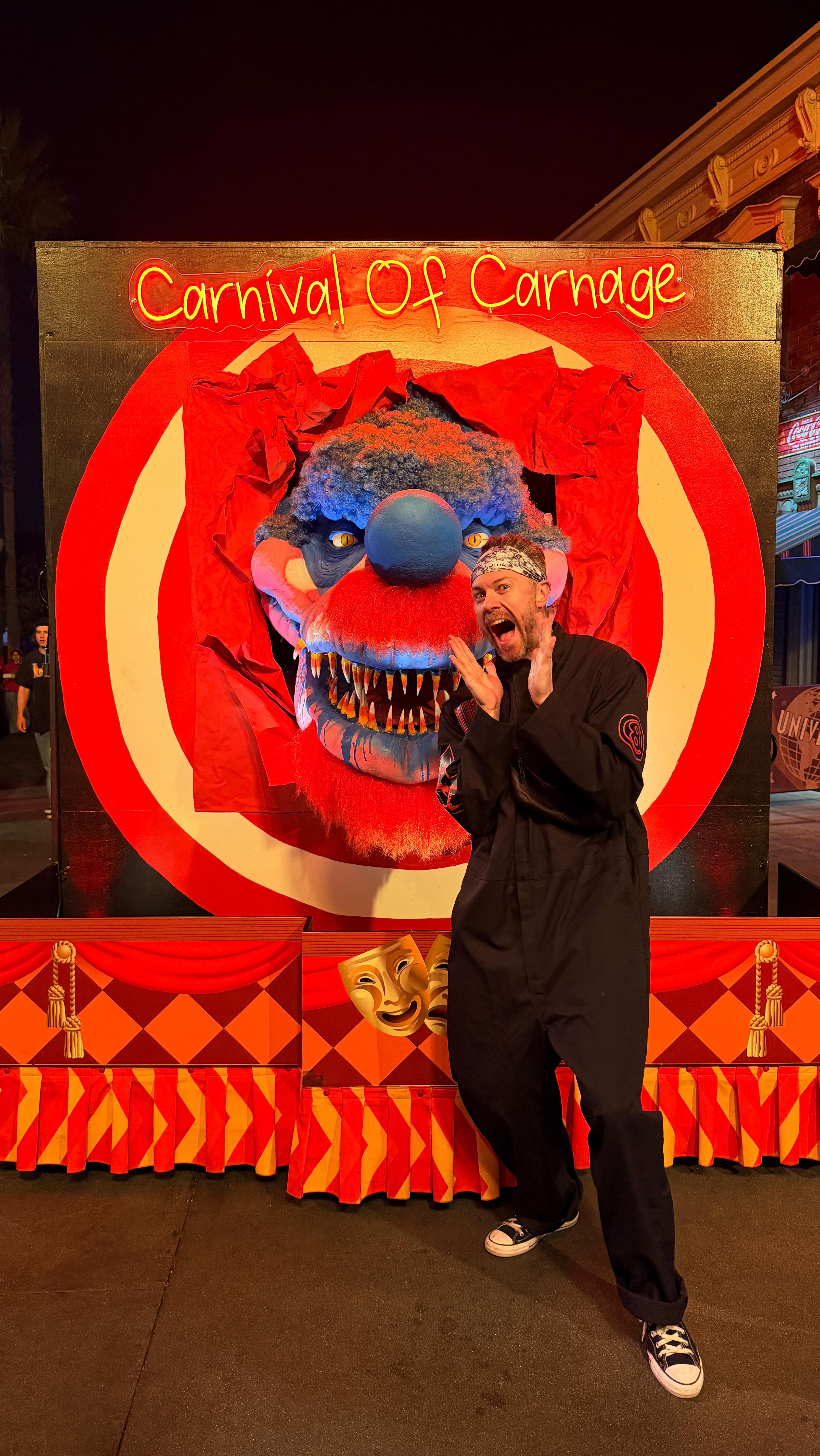 Instagram post by @thedanfeuerriegel for Halloween Horror Nights. Caption reads: Screamed. Creamed. Then had a bad dream 😭 Huge....