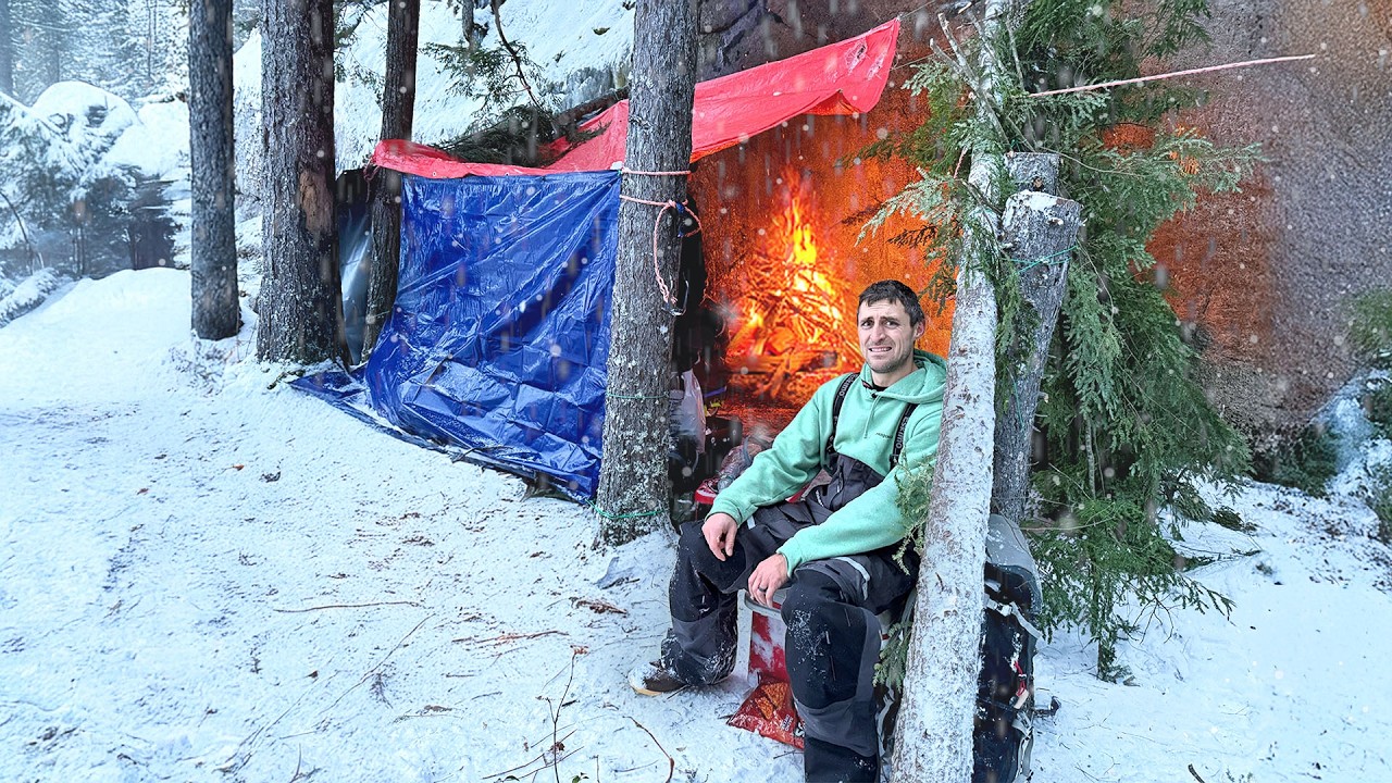 YouTube post by @jacobknowles5421 for Huckberry. Caption reads: No Tent - Extreme Winter Survival Camping....