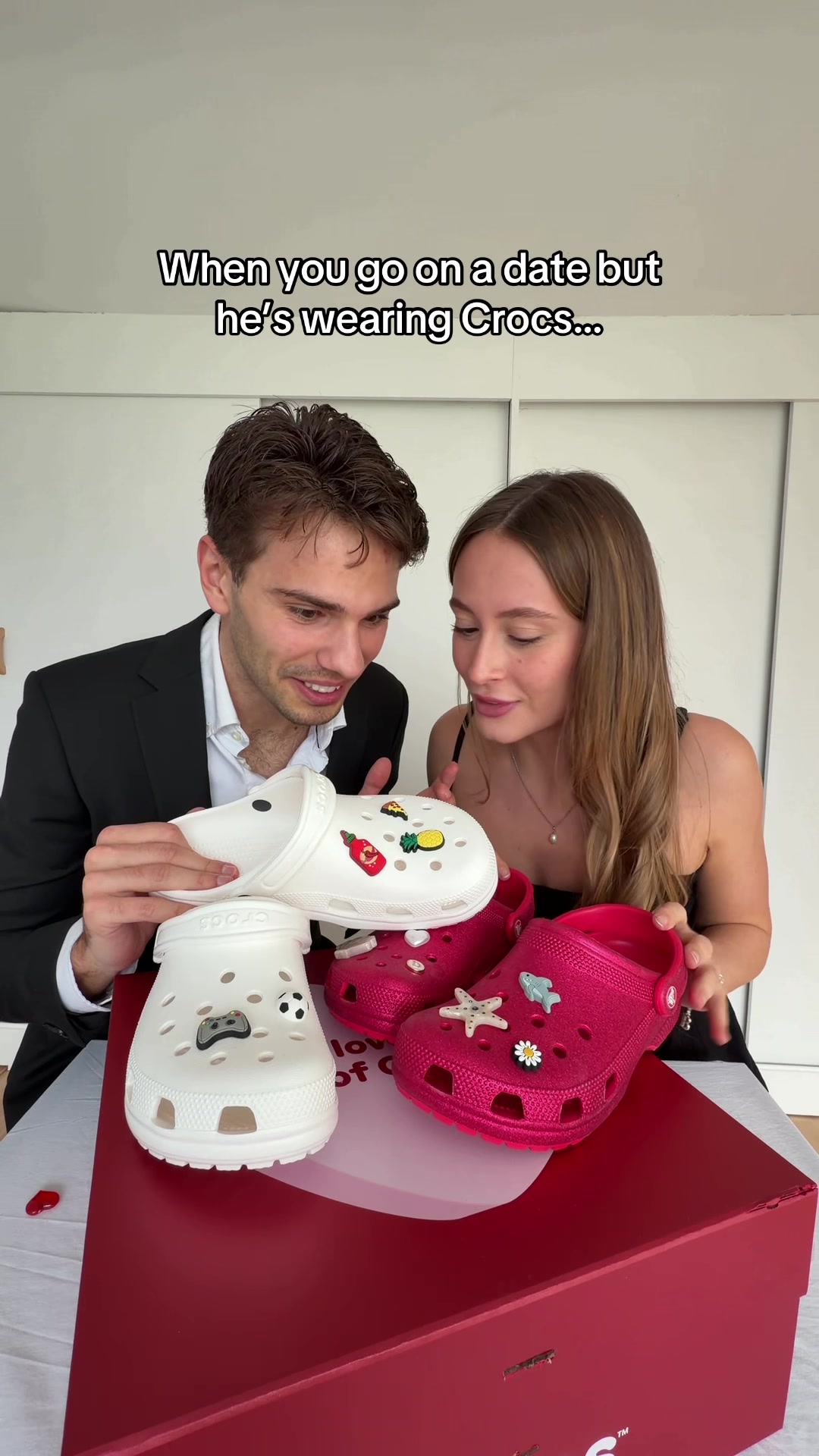 TikTok post by @bradandmill for Crocs. Caption reads: [...] your date on Valentine’s Day is wearing....