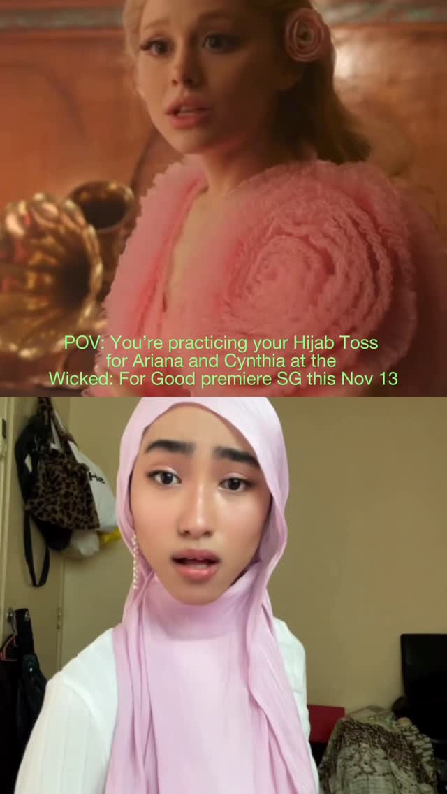 Instagram post by @zrndya for Universal Musiek. Caption reads: meanwhile we can use Hijab to do Galinda hair toss....