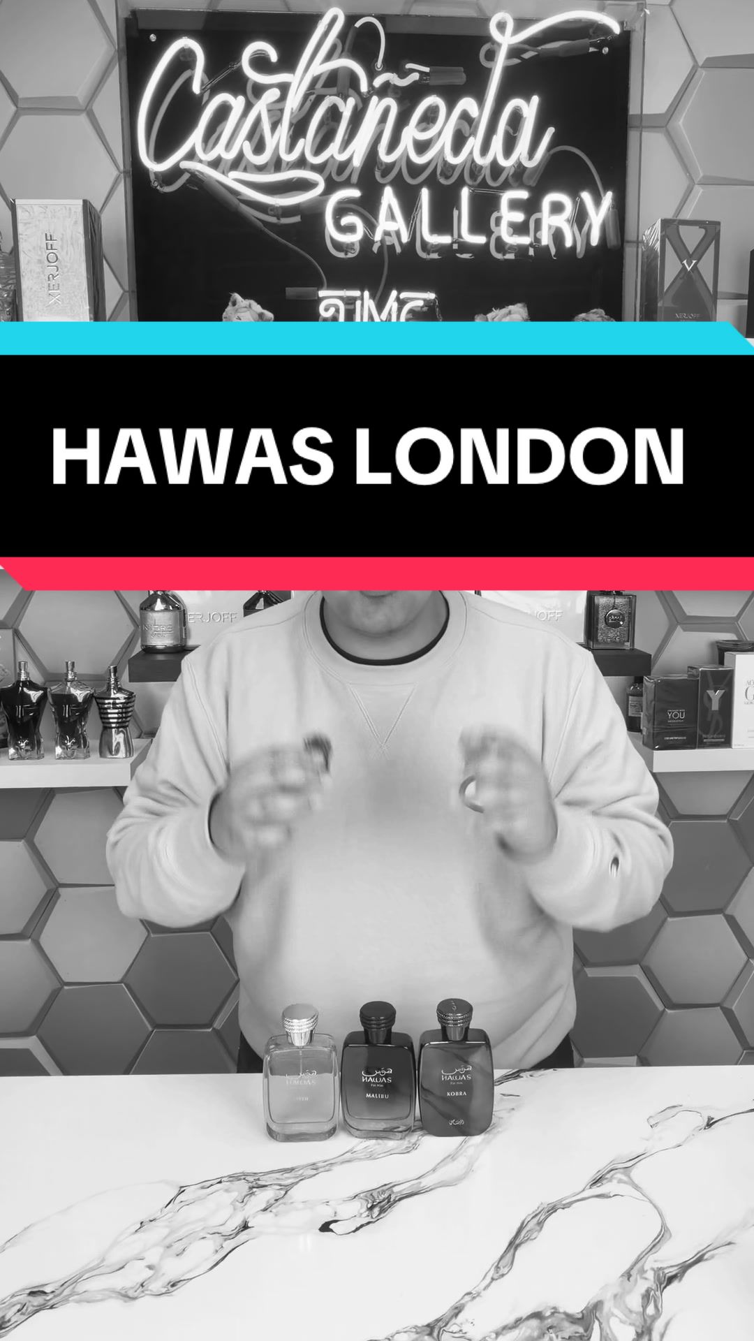 TikTok post by @castanedagalleryperfumes for Beauty House. Caption reads: [...] NEW HAWAS LONDON IS NOW AVAILABLE....