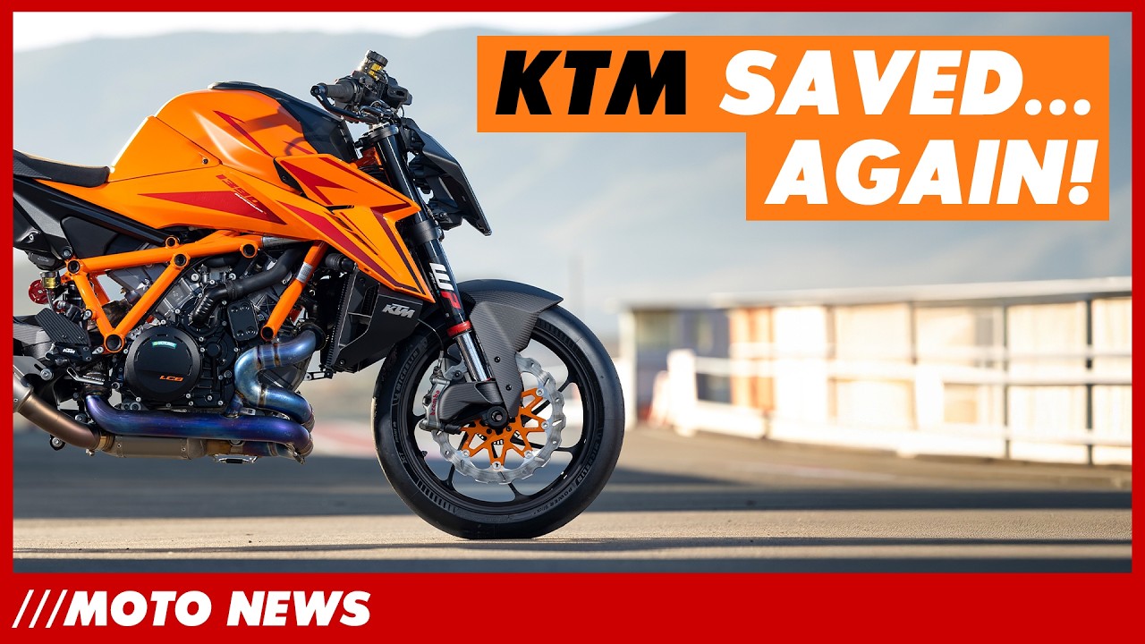 YouTube post by @motobob for LITELOK. Caption reads: Moto News: KTM Survive Again, More F450GS Shots,....