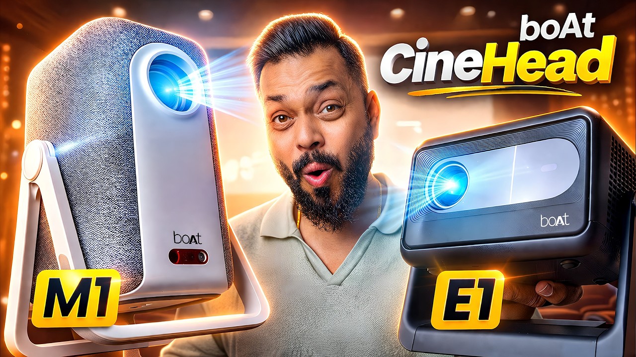 YouTube post by @TrakinTech for Luxe Entertainment. Caption reads: boAt Cinehead E1 & M1 Projector Unboxing & First....