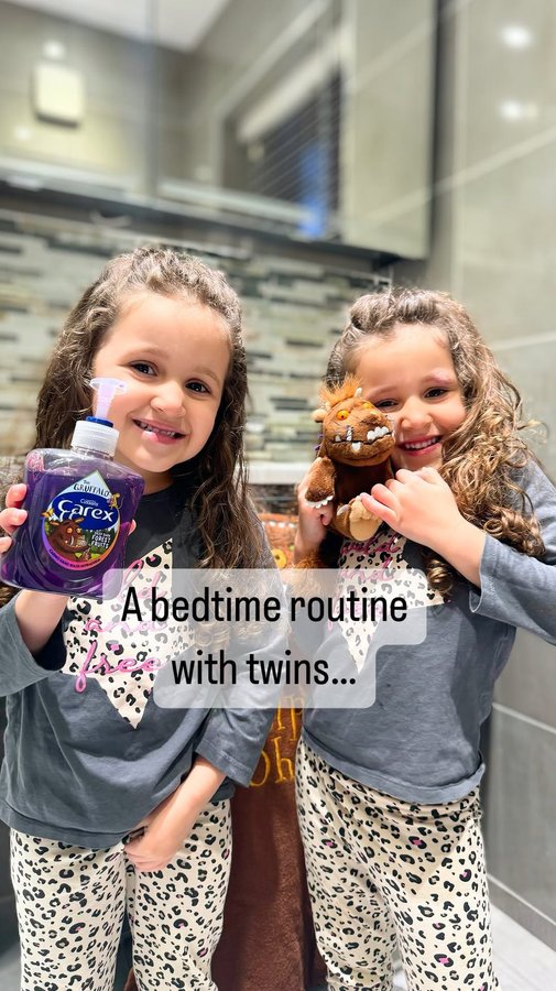 Instagram post by @natsfunnylittlelife for Carex. Caption reads: #ad A bedtime routine with twins is exactly how....