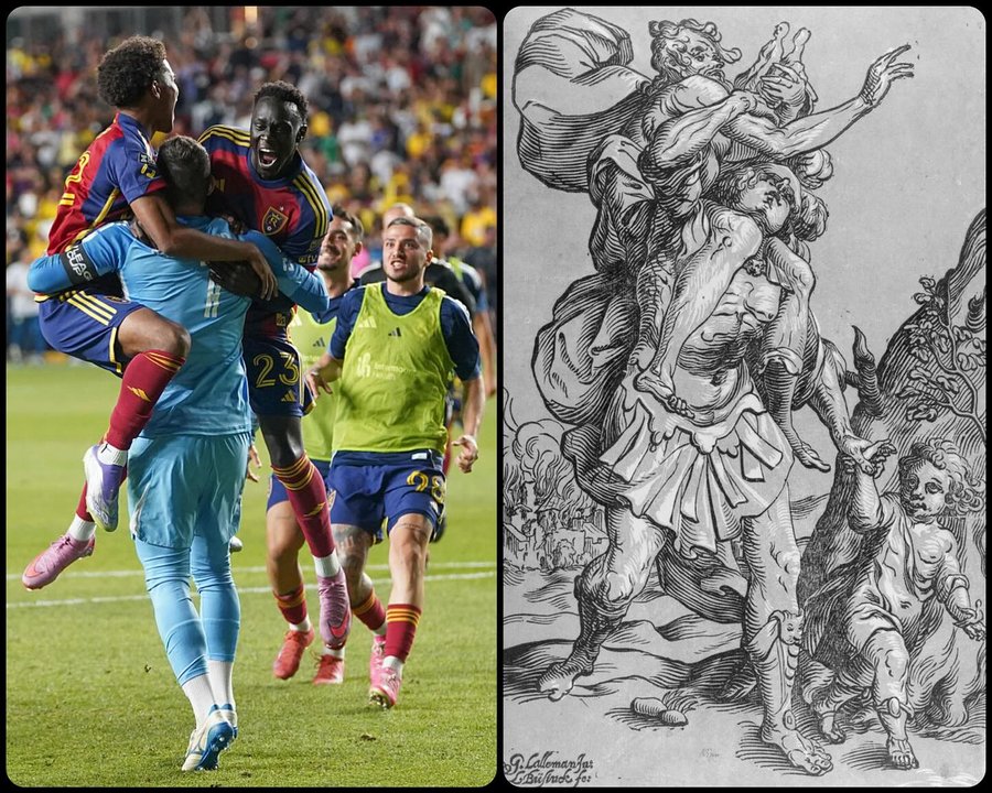 Instagram post by @artbutmakeitsports for Major League Soccer. Caption reads: Aeneas Carrying Anchises from Troy, by Ludolph....