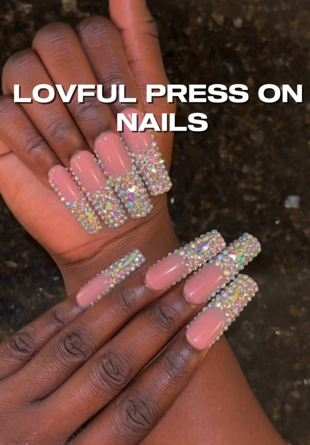 TikTok post by @nehemiiee_ for LOVFUL. Caption reads: Dramatic press on nails from @lovful store 💞....