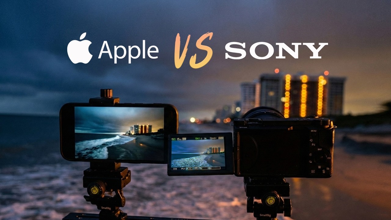 YouTube post by @thefilmalliance for Audiio. Caption reads: Can Apple's iPhone 17 Pro beat Sony's ZV-E10 II.