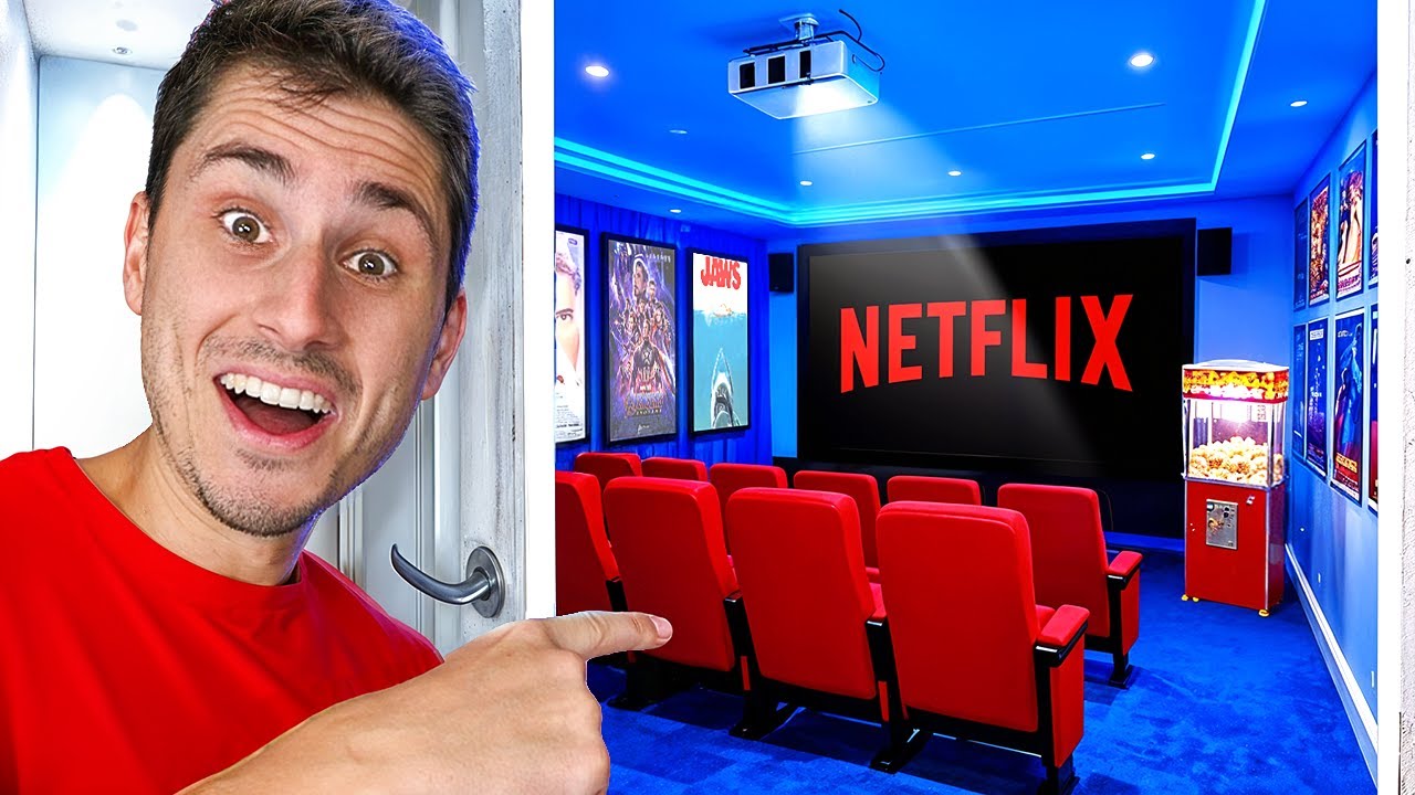 YouTube post by @TFGVlogs for Valencia Theater Seating. Caption reads: I Built a Secret Movie Theater In My Basement!.