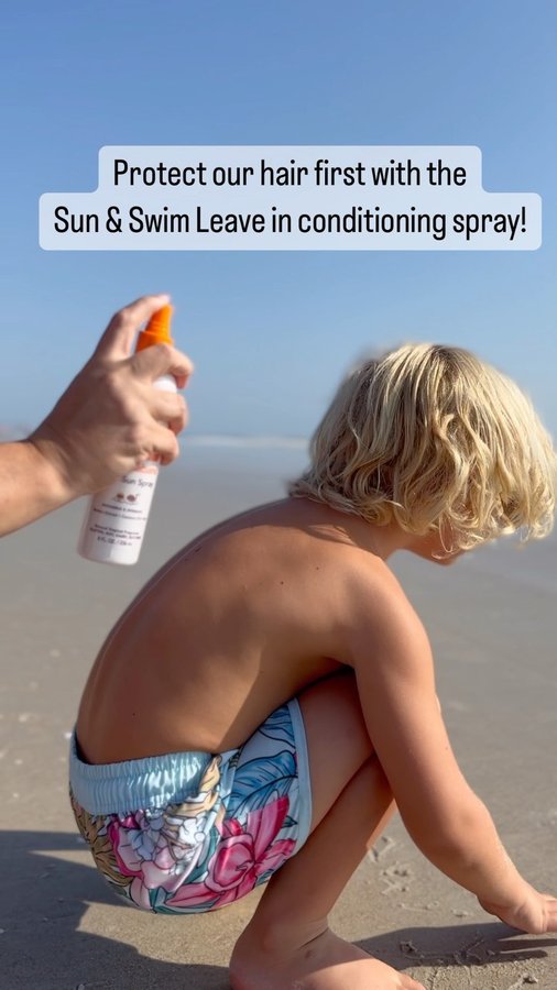 Instagram post by @twins.by.the.beach for Fairy Tales Hair Care. Caption reads: Beach days are the best days! @fairytaleshaircare....