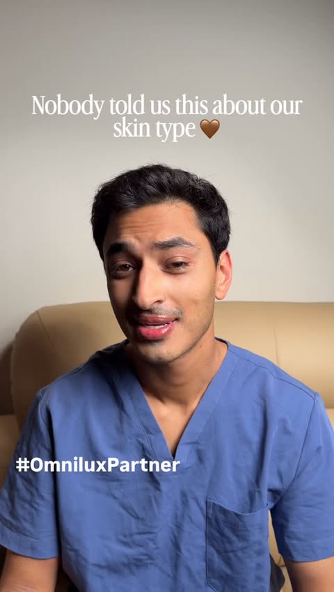 Instagram post by @thedermresident for Omnilux. Caption reads: #OmniluxPartner | As a Brown guy, I wore a tan....