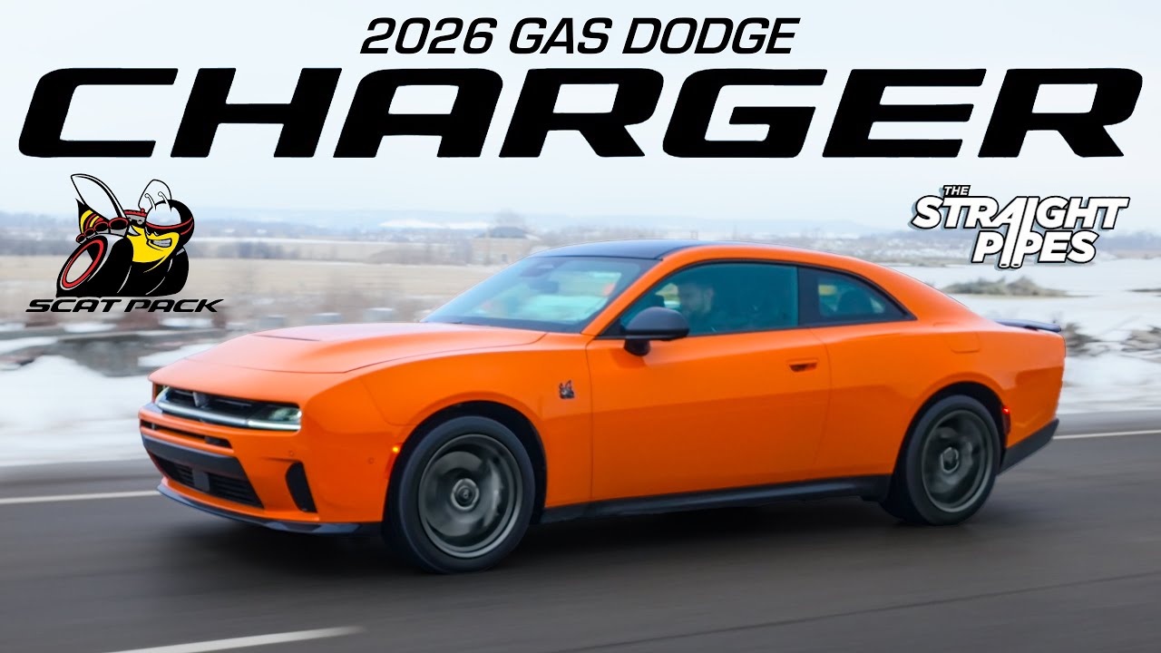 YouTube post by @TheStraightPipes for Continental Tire. Caption reads: The MOST BRUTALLY HONEST 2026 Dodge Charger Gas....