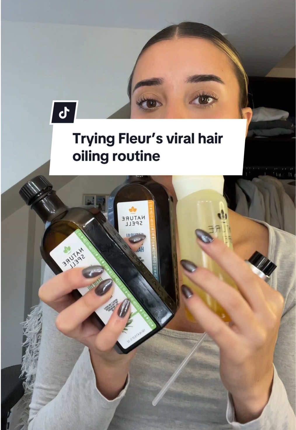 TikTok post by @hannalorebs for Nature Spell. Caption reads: Trying @Fleur Green viral repunzel hair routine....