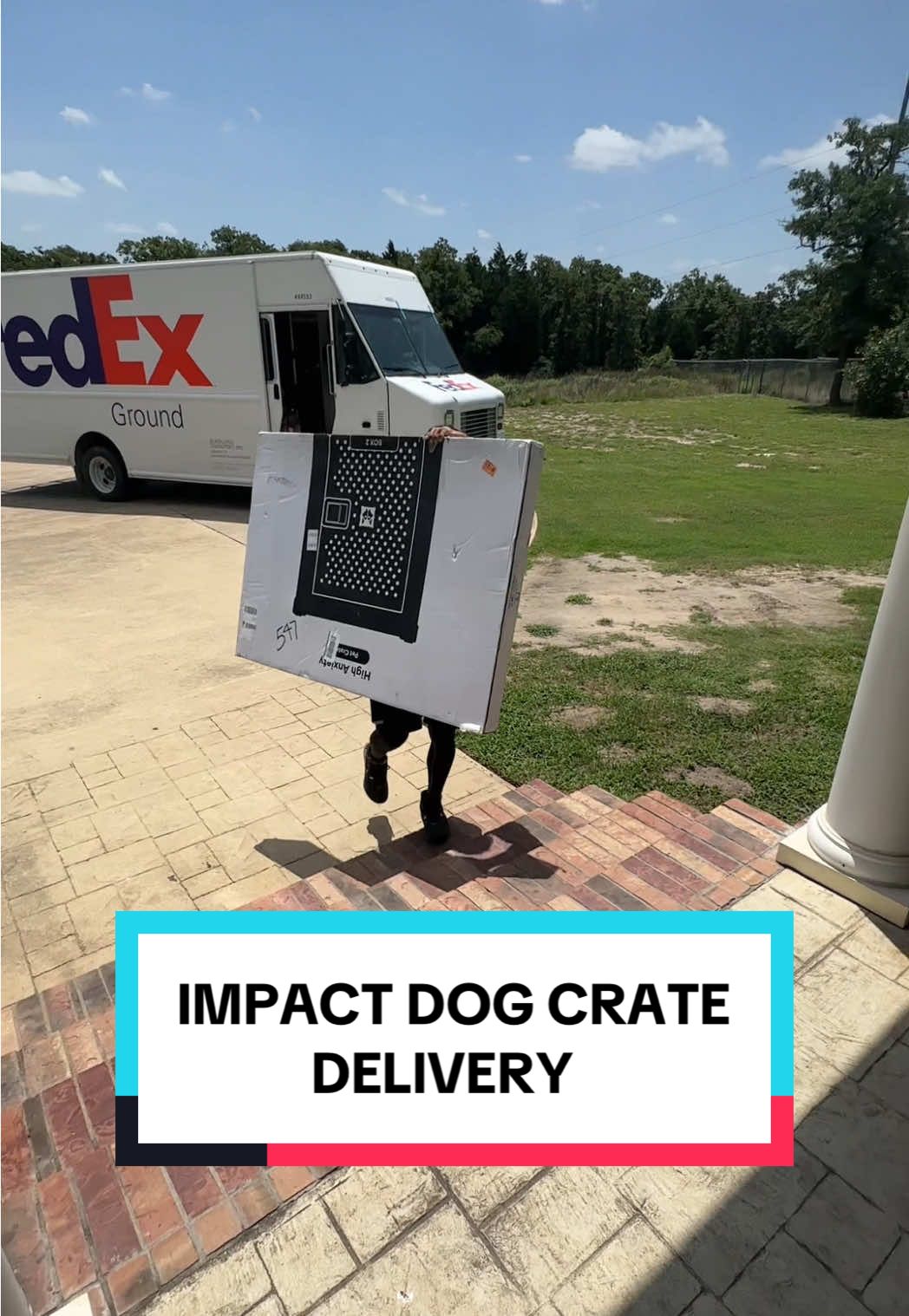 TikTok post by @theveterandogtrainer for Impact Dog Crates. Caption reads: My order from @Impact Dog Crates came in! @FedEx....