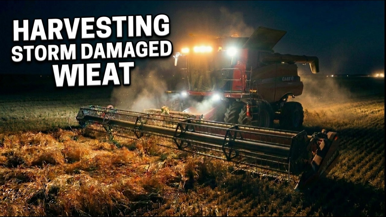 YouTube post by @griggsfarmsllc for Infraction Music. Caption reads: Harvesting Storm Damaged Wheat... Wheat Harvest #3.
