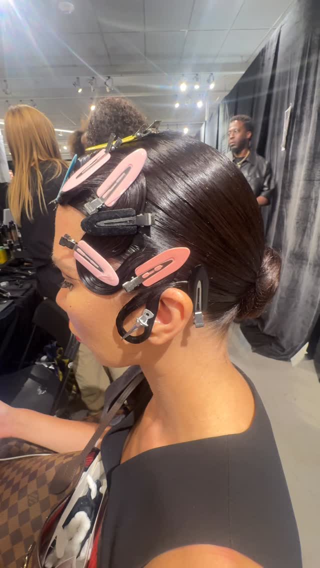 Instagram post by @francescadidit for ghd hair. Caption reads: ✨Backstage at @csiriano NYFW with @tresemme, led....