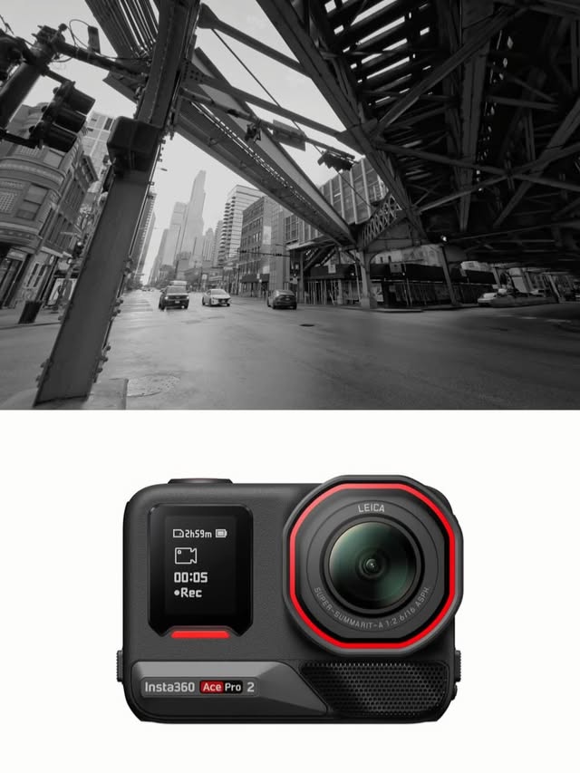 Instagram post by @cinedailies for Insta360. Caption reads: Insta360 Ace Pro 2 🫱🏾‍🫲🏾 Chicago 😮‍💨 Shot....