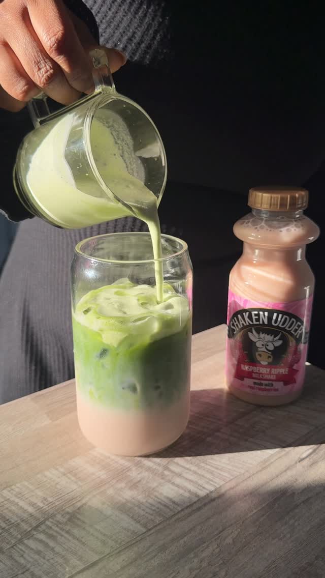 Instagram post by @renes.cravings for Shaken Udder. Caption reads: AD Raspberry Cloud Iced Matcha using @shakenudder....