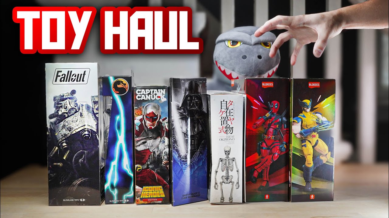 YouTube post by @sirdork730 for Entertainment Earth. Caption reads: I open over 25 Action Figures from a CRAZY Mail....