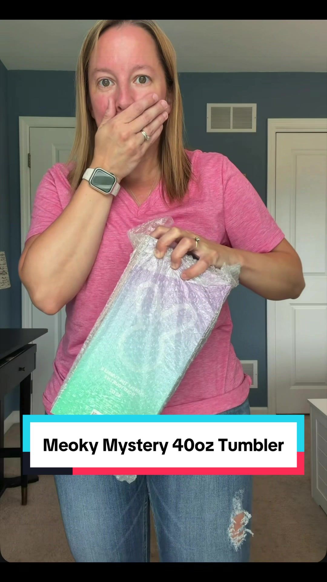 TikTok post by @tipstale for Meoky Cup. Caption reads: Meoky Mystery 40oz Tumbler Cup @meoky shop #meoky....