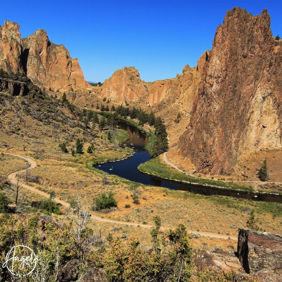 Instagram post by @angela_pnw for Travel Oregon. Caption reads: Smith Rock State Park - one of the 7 Wonders of....
