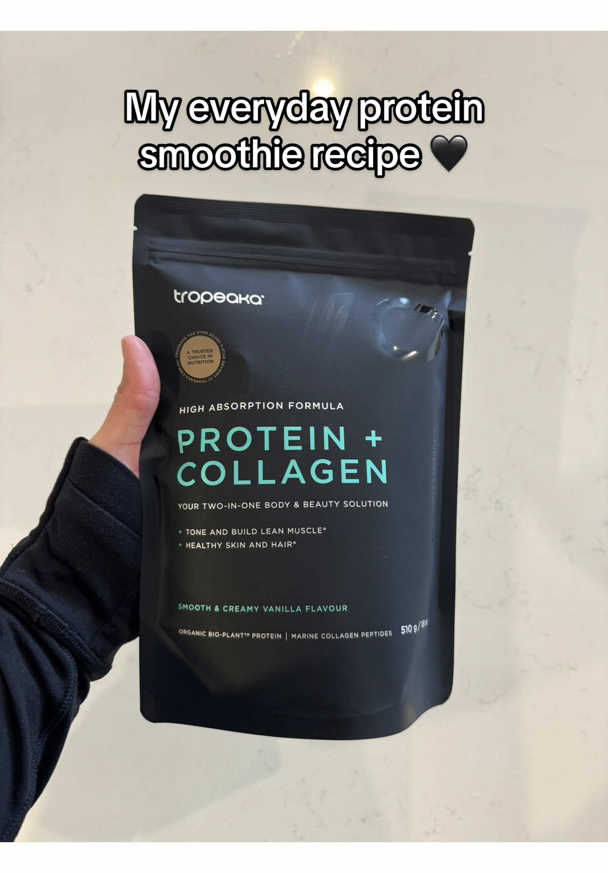 TikTok post by @jesslagaaia for Tropeaka. Caption reads: My everyday protein smoothie!Protein + collagen by....