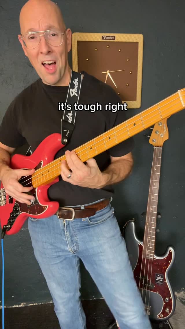 Instagram post by @nickmobassman for Fender. Caption reads: Playing a challenging funk bass line on my new....