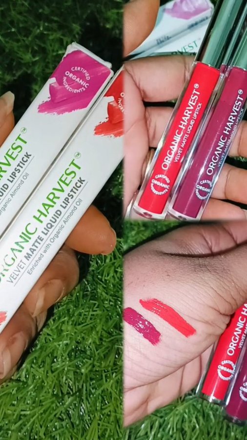 Instagram post by @poojasonu092011 for Organic Harvest. Caption reads: Organic harvest lipsticks 
Comment for link 🔗....