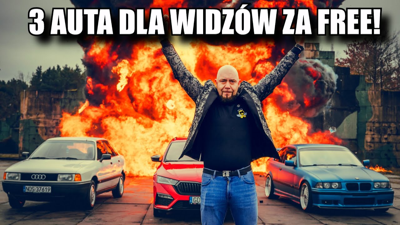 YouTube post by @Milosnicy4Kolek for Mubi.pl. Caption reads: 3 AUTA DLA WIDZÓW!!! Za DARMO! Prezentacja AUT!.