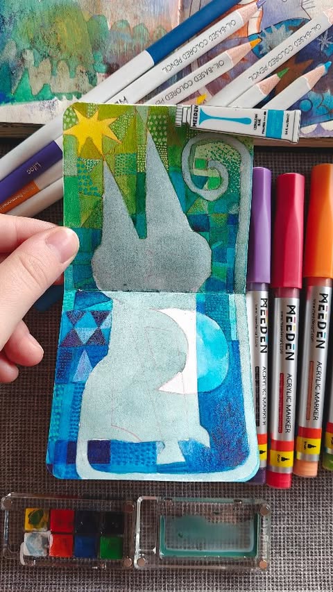 Instagram post by @_alicenoah for MEEDEN ART. Caption reads: First spread in my new tiny sketchbook 🌟🐱
Thanks....