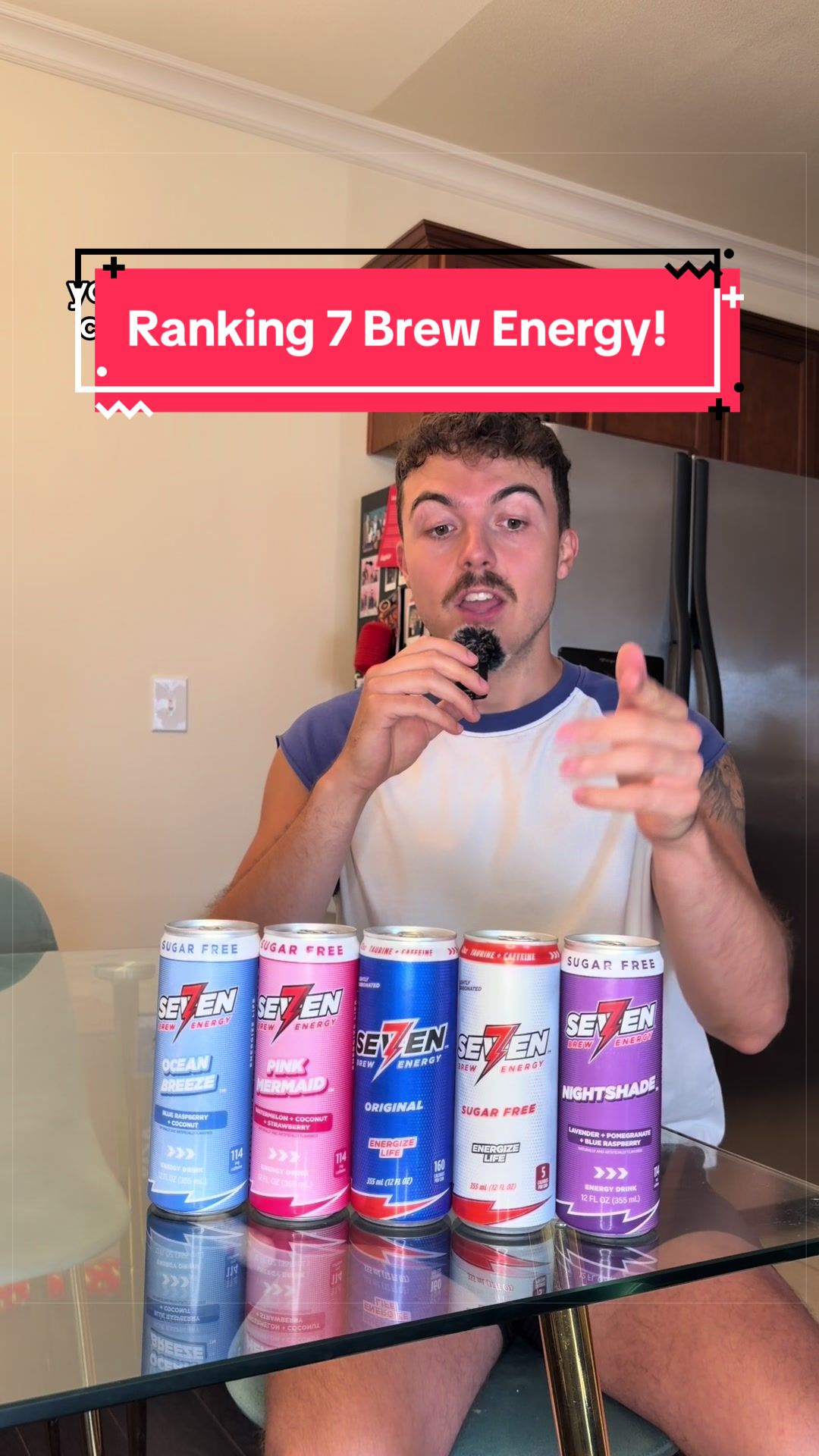 TikTok post by @loganconover_ for 7 Brew. Caption reads: #7BrewPartner Trying and ranking every flavor of....