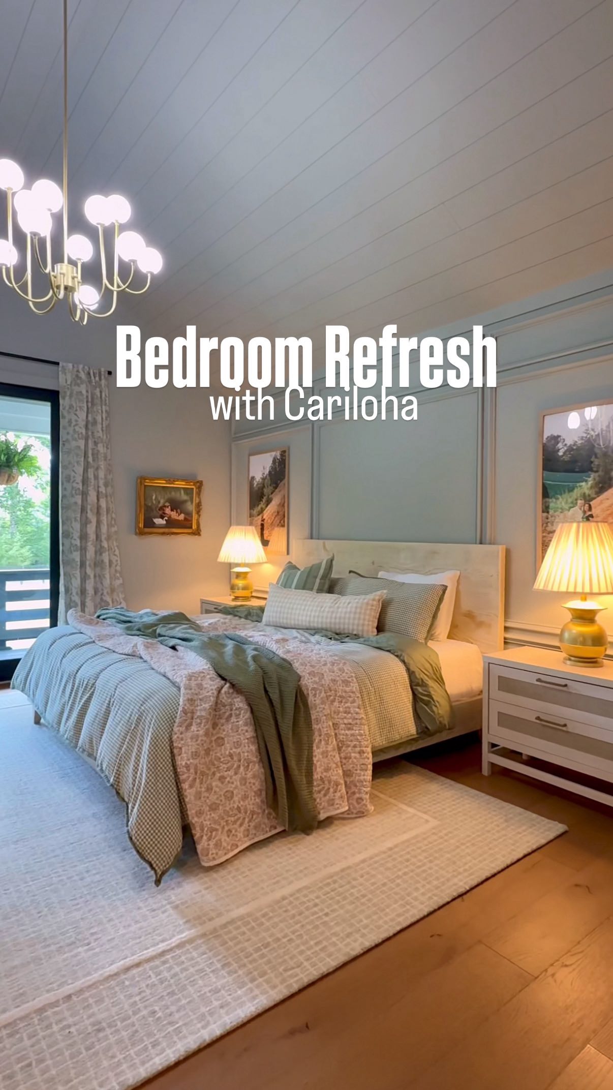 Instagram post by @charlotteshappyhome for Cariloha. Caption reads: A cozy summer bedroom is possible—it just starts....