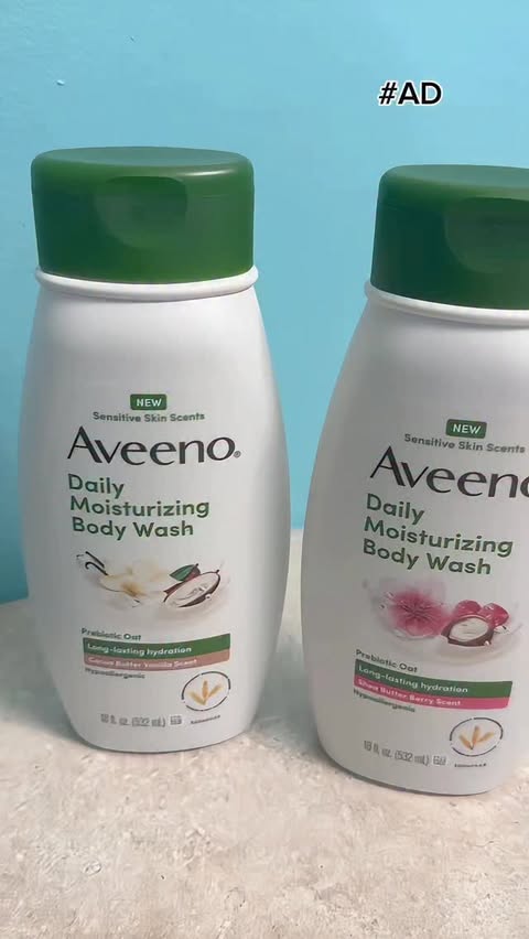 Instagram post by @dutcherstefanie for Aveeno. Caption reads: #ad New Aveeno® body washes just dropped!
 
If you....