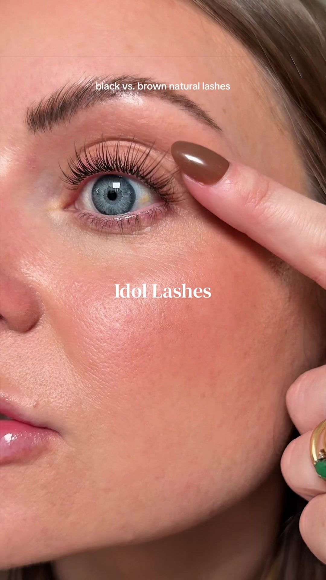 TikTok post by @raisingbruin for Okay Love Lashes. Caption reads: [...] too 😩 #lashclusters #brownlashes....