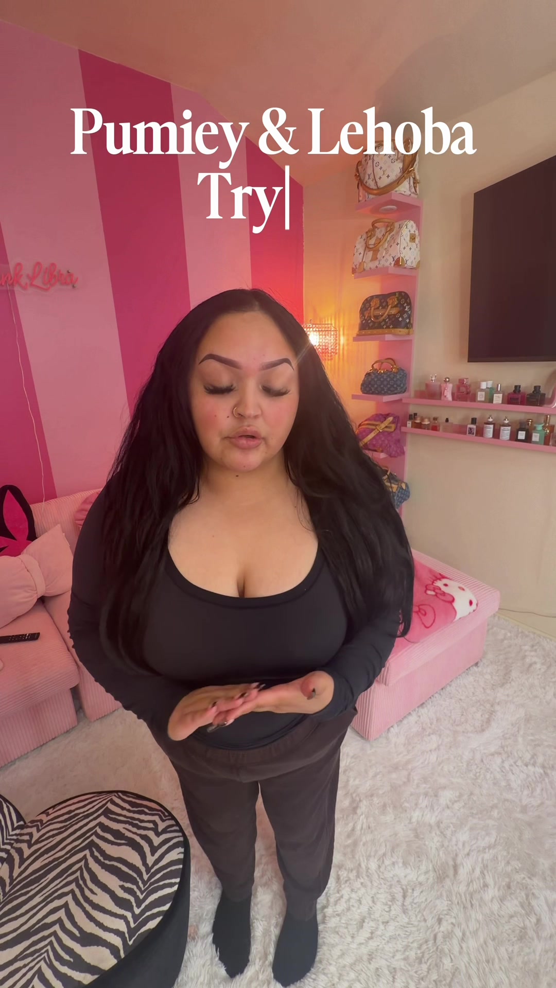 TikTok post by @thepinklibra for PUMIEY. Caption reads: So obsessed with this @Lehoba bra and @PUMIEY top!....