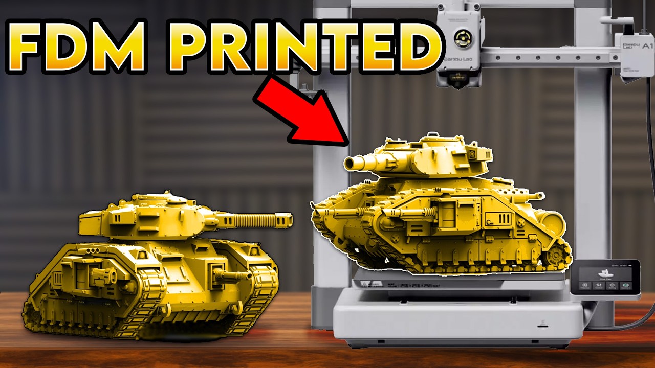 YouTube post by @battlebrothersam for UniFormation. Caption reads: I tried FDM Printing Warhammer 40k Tanks on....