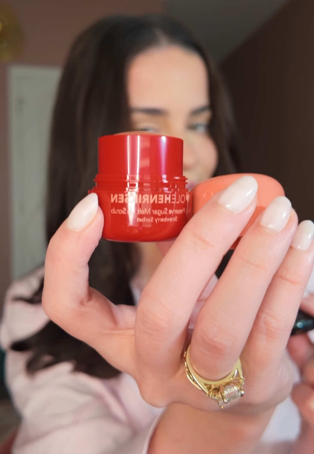 TikTok post by @rachrigler for OLEHENRIKSEN. Caption reads: [...] peppermint oil 💅🏼 #lips #makeup....