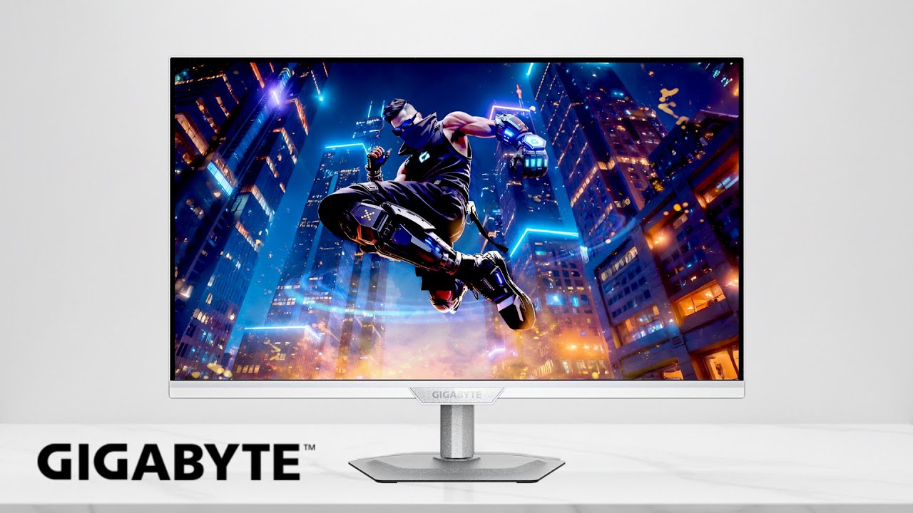 YouTube post by @lattech for Velocifiretech. Caption reads: The Gigabyte M27UP ICE gaming monitor delivers....