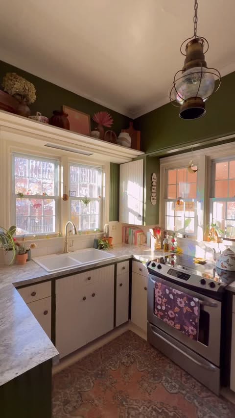 Instagram post by @goldenhourabode for The Home Depot. Caption reads: slowly turning this little vintage kitchen of ours....